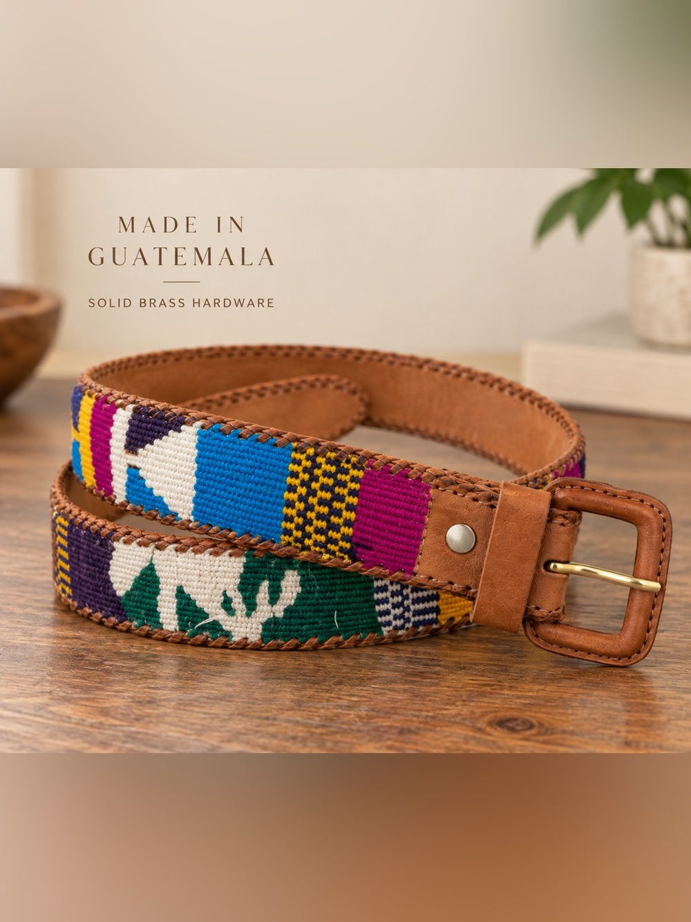 Multicolor Handwoven Guatemalan Leather Belt Size 36